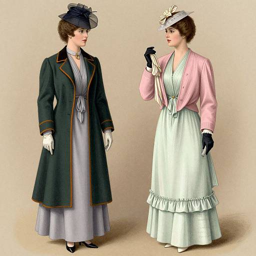 Two Victorian women in 19th-century dresses; one in black coat and gray dress, the other in pink cardigan and white ruffled dress,