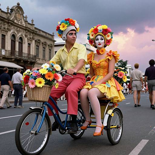 Photograph of a man in a yellow shirt and red pants, and a woman in a yellow dress and white fishnet stockings, both wearing flower crow