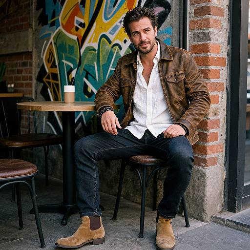 Photograph of a bearded man with dark hair, wearing a brown leather jacket, white shirt, black pants, and tan boots, sitting at a