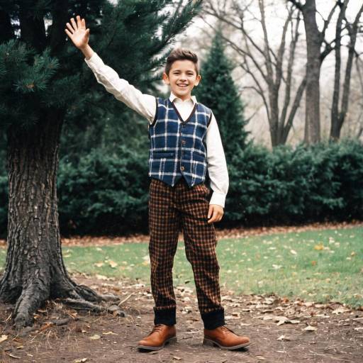 Boy Waving Outdoors in Plaid Vest and Pants