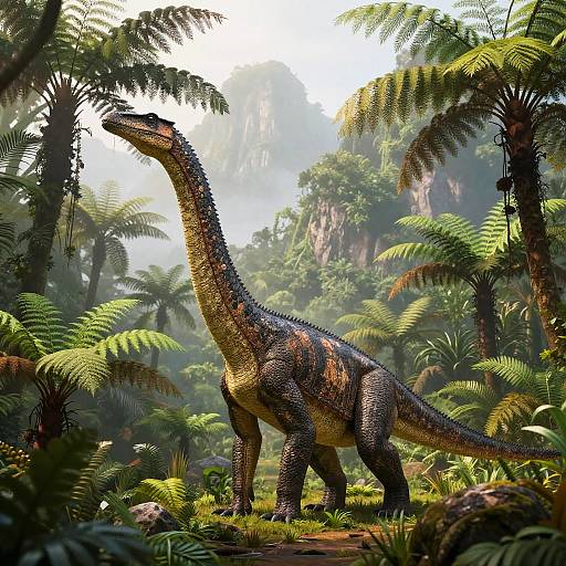 Diplodocus in Misty Prehistoric Jungle