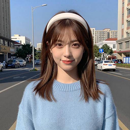 Young Woman Smiling on Sunny City Street