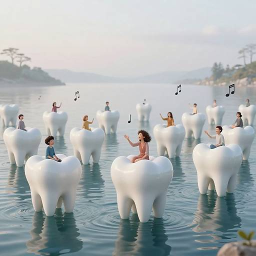 Photorealistic CGI: Children sitting on large, white, floating teeth in a serene, blue lake, singing with musical notes floating around.
