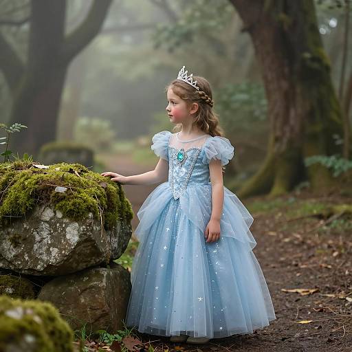 Young Girl in Blue Princess Dress in Misty Forest
