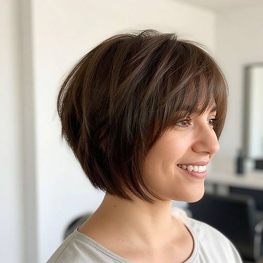 Photograph of a smiling woman with a short, dark brown bob haircut, wearing a white top, against a bright, blurred background.