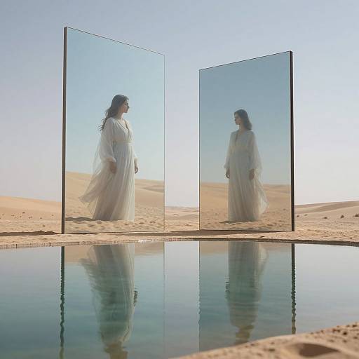 Photograph of a woman in a flowing white dress standing in a desert, reflected in two vertical glass panels, beside a still water pool. Clear blue