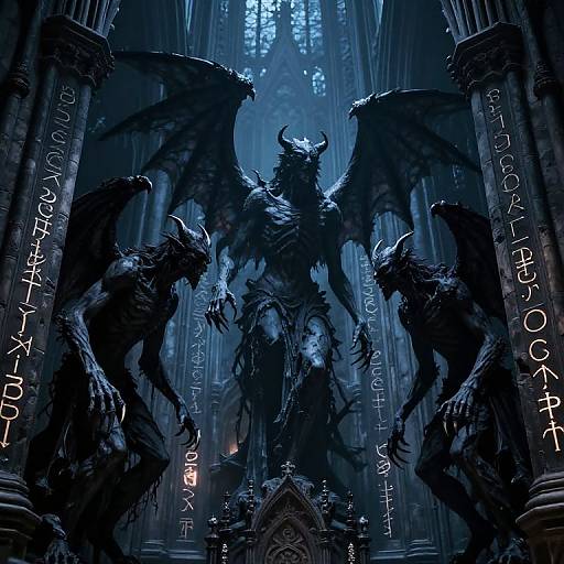 Digital artwork of three dark, menacing demons with wings and horns, standing in a gothic cathedral with blue lighting and Latin inscriptions on columns.