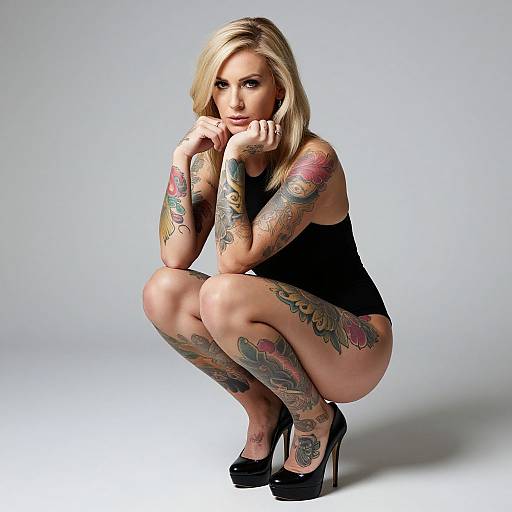 Tattoed Blonde Woman Squatting Portrait