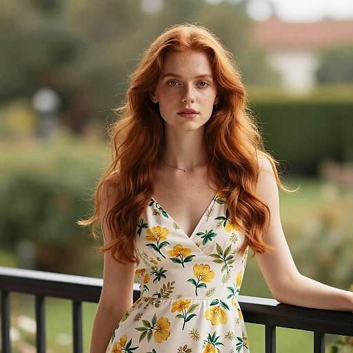 Elegant Redhead on Floral Balcony