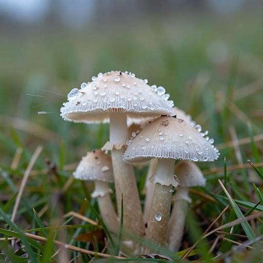 Photograph of white mushrooms with dewdrops on their gills, standing in green grass. The background is softly blurred. Natural, morning light.