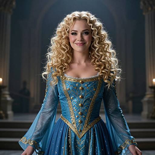 Photograph of a blonde woman with curly hair, wearing a blue, gold-embroidered, long-sleeved medieval-style dress, standing in