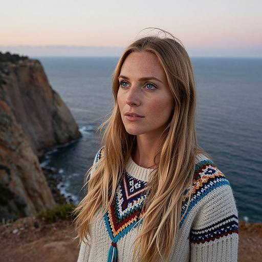 Photograph of a blonde woman with blue eyes, wearing a white, patterned sweater, standing on a cliff overlooking a calm ocean at sunset.