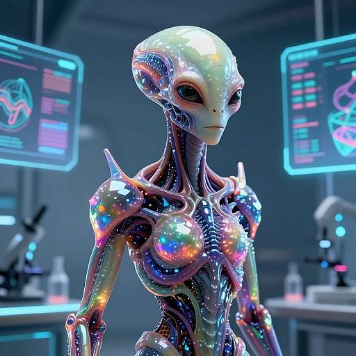 CGI image of a shiny, iridescent alien with a smooth, white head, colorful, reflective skin, and futuristic lab background.