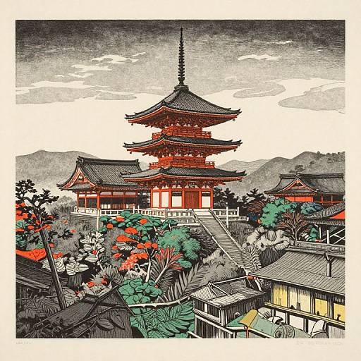 Ink-style drawing of a traditional Japanese temple with a tall, red-roofed pagoda, surrounded by lush greenery and smaller buildings, under