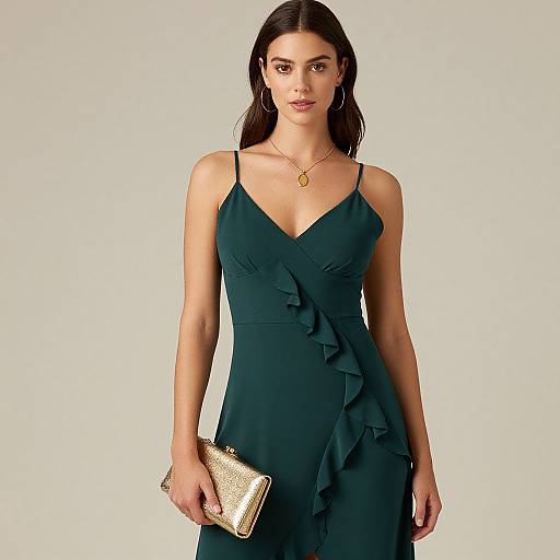 Photograph of a beautiful woman with long dark hair, wearing a dark green, ruffled dress, gold necklace, and holding a gold clutch.