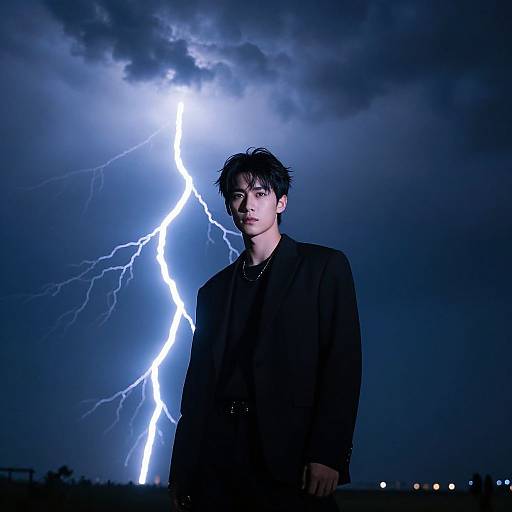 Photograph of a young Asian man with tousled black hair, wearing a dark jacket, standing against a stormy night sky with bright, jagged