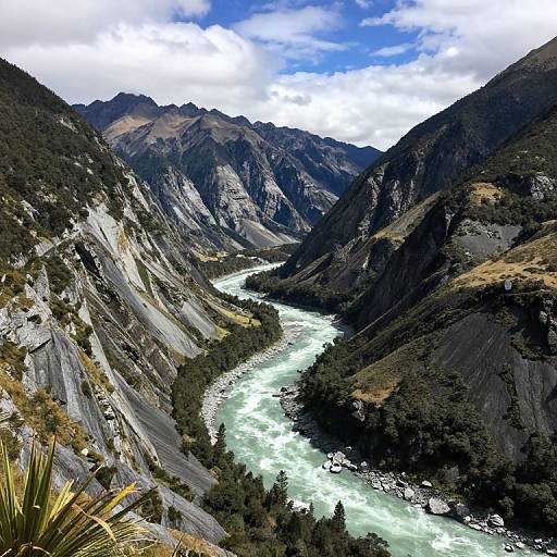 Photograph of a rugged mountain valley with a turquoise river winding through, surrounded by steep, rocky cliffs and sparse forest. Bright blue sky with scattered clouds