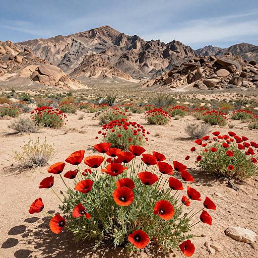 Photograph of vibrant red poppies blooming in a desert landscape with rocky, brown mountains under a clear blue sky.