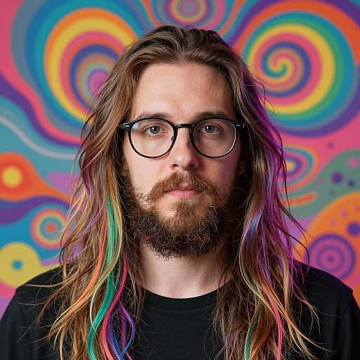 Photograph of a bearded man with long, rainbow-colored hair, black glasses, and black shirt, against a vibrant, psychedelic swirl background.