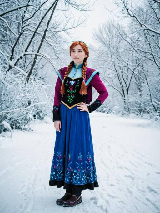 Woman in Anna Frozen Costume in Snowy Forest