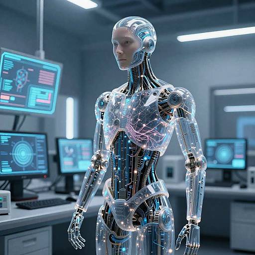 Digital CGI image of a glowing, transparent humanoid robot with intricate blue and white circuitry, standing in a futuristic lab with multiple computer screens.