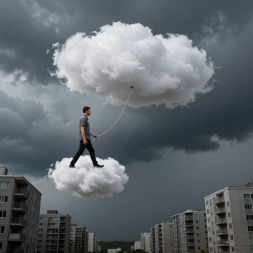 Photograph: Man in gray shirt and black pants, walking on a cloud, connected by strings, against a dark, stormy sky, surrounded by
