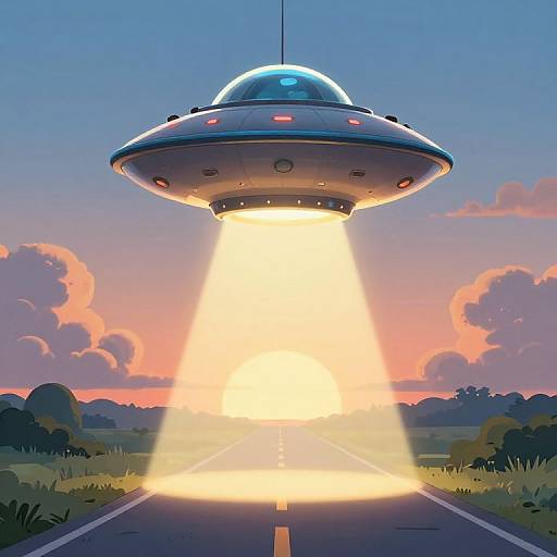 Cartoon UFO Hovering at Sunset