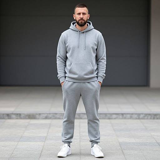 Photograph of a bearded man with short dark hair, wearing a light gray hoodie and pants, white sneakers, standing hands in pockets, against a
