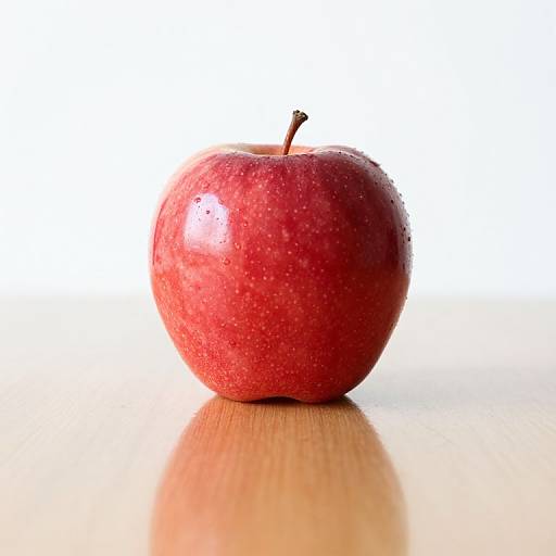 Photograph of a shiny, red apple with water droplets, standing on a light wooden surface against a bright white background.