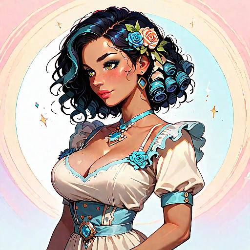 Stylish Woman with Blue Roses and Jewelry