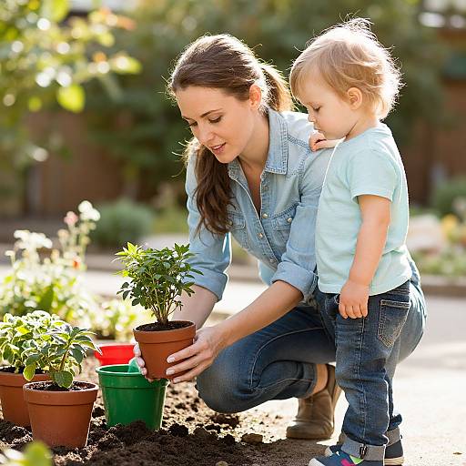 Photograph of a smiling woman with brown hair and a blonde toddler planting small potted plants in a sunny garden.