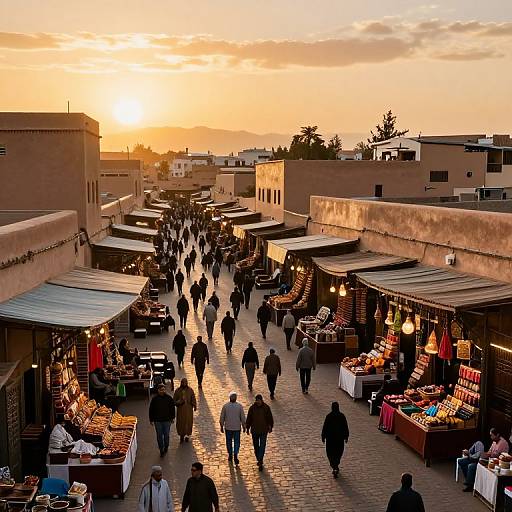 Sunset photograph of a bustling outdoor market with silhouetted shoppers, colorful stalls, and warm, golden light reflecting on cobblestone path.