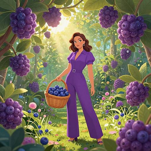 Digital art of a brunette woman in a purple jumpsuit, holding a basket of blueberries, standing in a sunlit, vibrant berry garden.