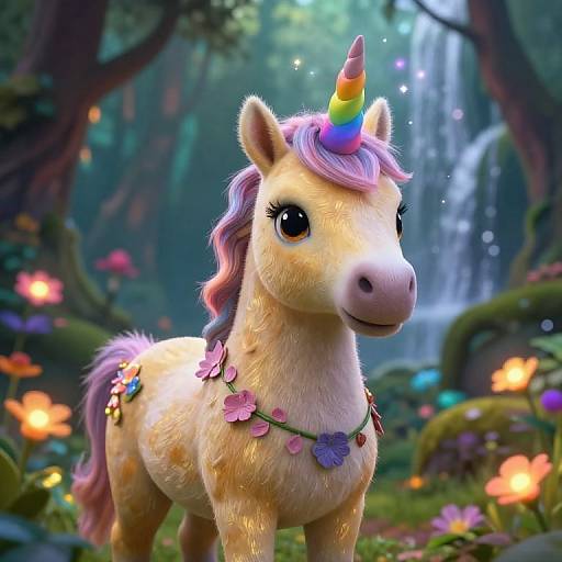 Digital CGI of a cute, fluffy, yellow unicorn with a rainbow horn, pink-purple mane, flower necklace, standing in a magical forest with glowing flowers