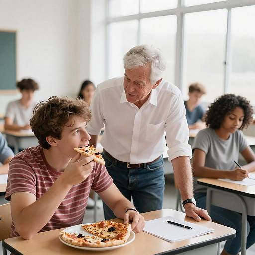 Teacher Leaning Over Student Eating Pizza