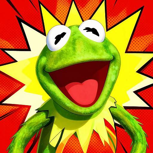 Colorful digital cartoon of Kermit the Frog with wide, excited eyes and open mouth, set against a vibrant red and yellow burst background. Kermit