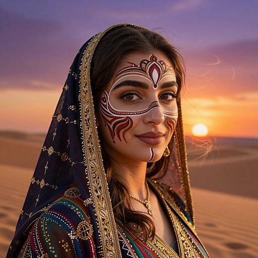 Photograph of a woman with dark hair, wearing traditional Indian attire and intricate face paint, standing in a desert at sunset.