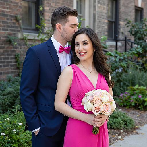 Photograph of a smiling brunette bride in a pink dress holding a bouquet, standing behind a bearded groom in a black suit and red bow tie,