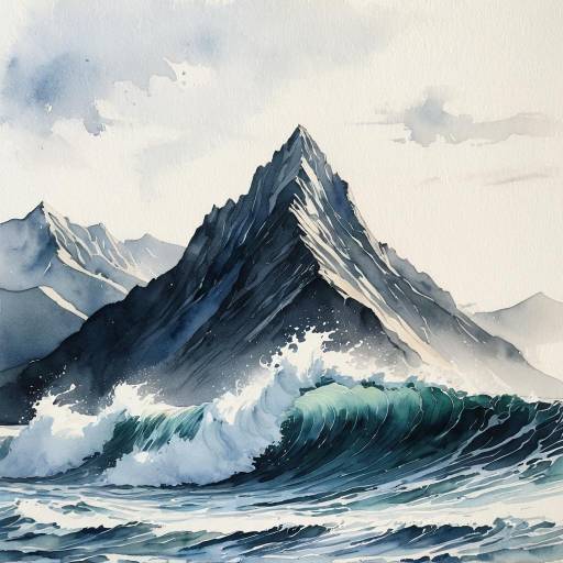 Watercolor Mountain Peak with Ocean Waves