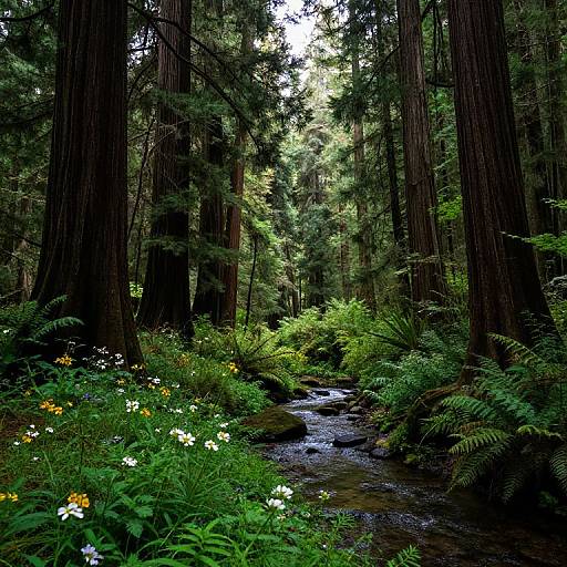 Photograph of a dense redwood forest with tall, towering trees, lush green ferns, and a clear, flowing creek surrounded by white and yellow