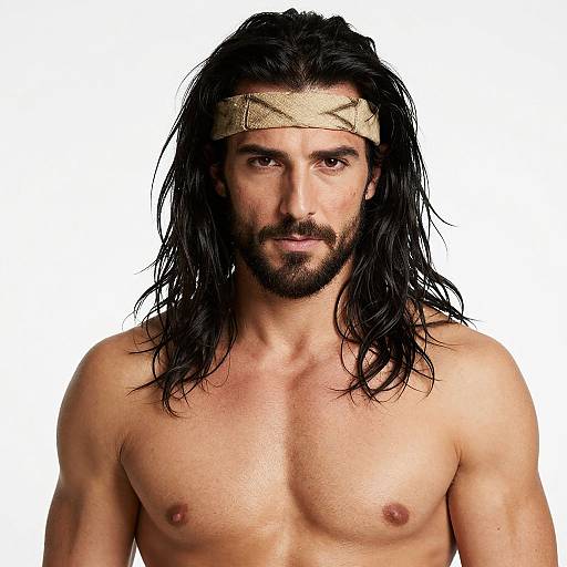 Photograph of a shirtless, muscular man with long black hair, beard, and a beige headband, staring intensely against a white background.