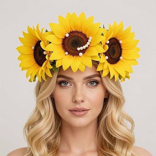 Photograph of a blonde woman with blue eyes, wearing a sunflower crown, against a white background, with wavy hair and neutral makeup.