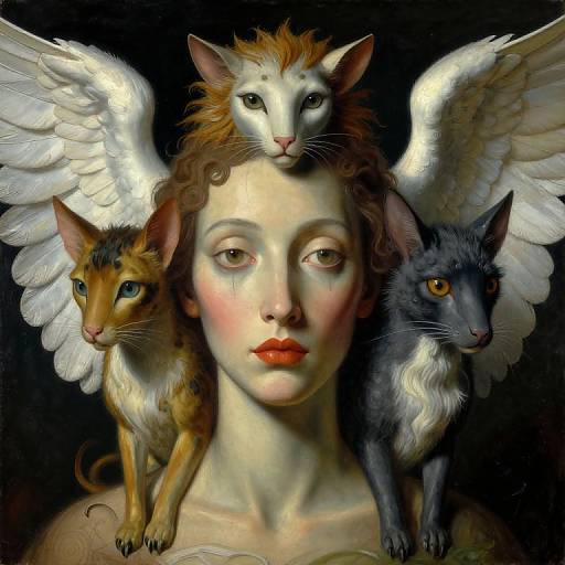 Digital painting of a serene-faced woman with three winged cats: one brown, one white, and one gray, all perched on her head.