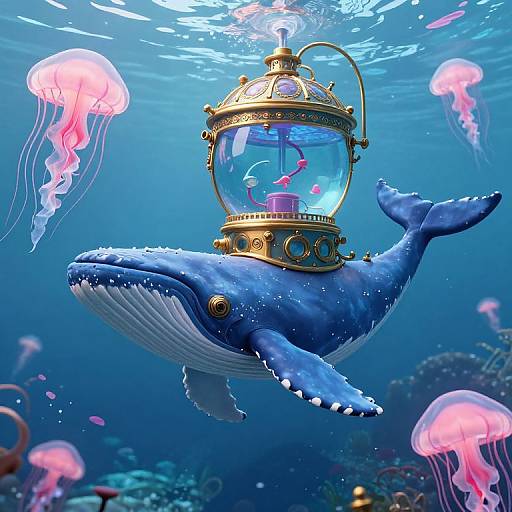 Digital illustration of a blue whale wearing a golden, ornate lantern with a small pink jellyfish inside, surrounded by glowing pink jellyfish in an underwater
