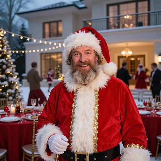 Photograph of a bearded, middle-aged Santa Claus in a red velvet suit with white fur trim, standing in front of a festive, outdoor Christmas