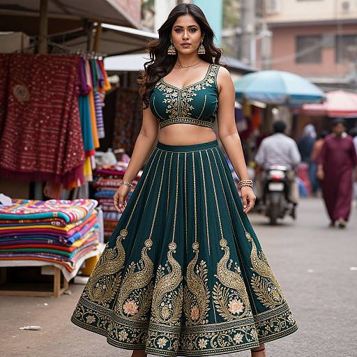Photograph of an Indian woman with long dark hair, wearing a green and gold embroidered crop top and skirt, standing confidently in a bustling market street.