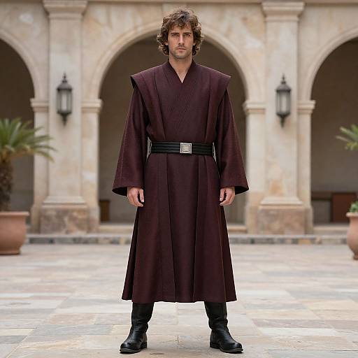 Photograph of a curly-haired man in a dark brown Jedi robe with black belt and boots, standing in a sunlit, arched courtyard with p
