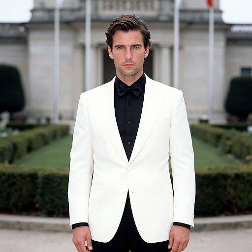 Photograph of a handsome man with short dark hair, wearing a white blazer over a black shirt, standing in front of a blurred, elegant garden