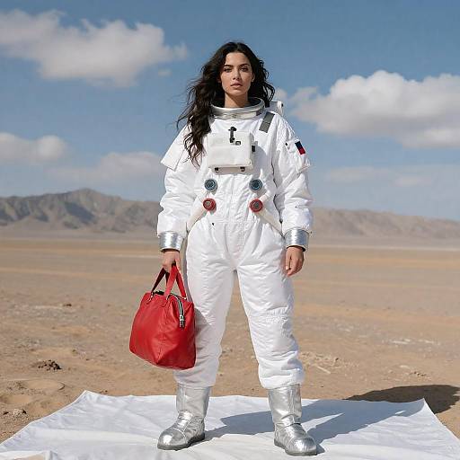 Woman in White Spacesuit in Desert