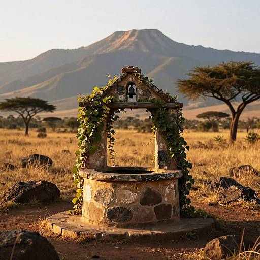 Majestic Savanna with Ivy-Covered Well